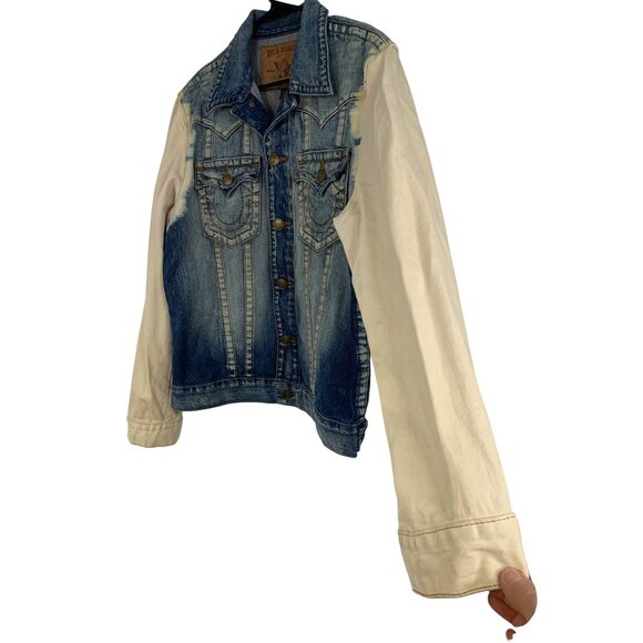 True Religion Jimmy Slim Fit Trucker Denim Jacket Bleached L  Mens  RV10314 - Picture 12 of 14